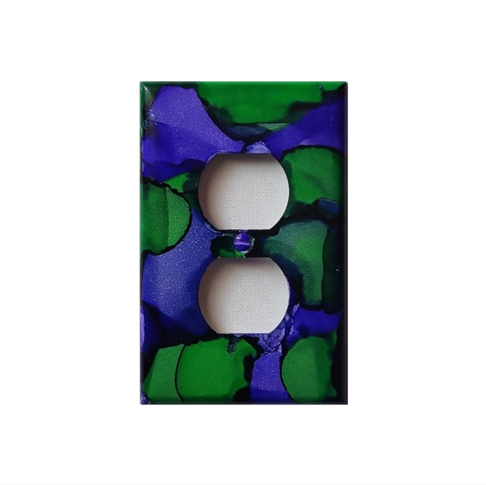 Hand Crafted Purple and Green Abstract Design Duplex Outlet Wall Plate - Picture 2 of 2